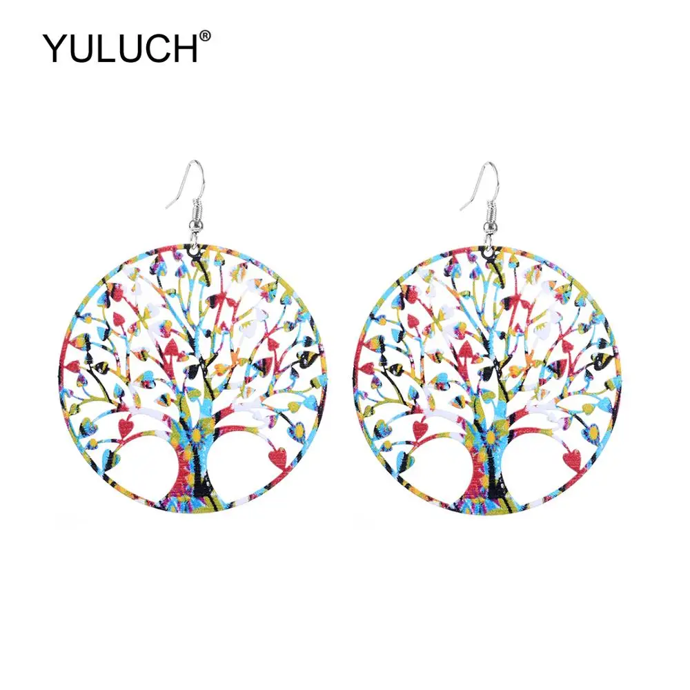 

YULUCH Bohemian Round Metal Alloy Multicolor Life Tree Statement Pendant Earrings African Long Jewelry Drop Earrings Women Gifts