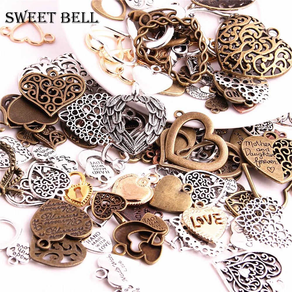 

100pcs Vintage Metal Mixed Hearts Charms Fashion Retro love Pendant Charms for Jewelry Making Diy Handmade Jewelry H3019