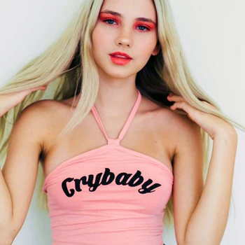 

Women Sexy Letters Print Tie Crop Halter Tops Tie Halter Neck Tops