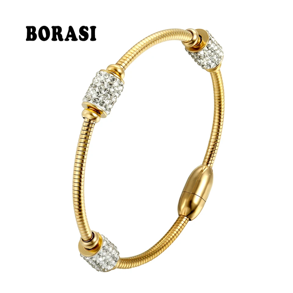 BORASI браслет из нержавеющей стали поверхность три Овальные Кристаллы Браслет кубические циркониевые золотого цвета браслет для женщин
