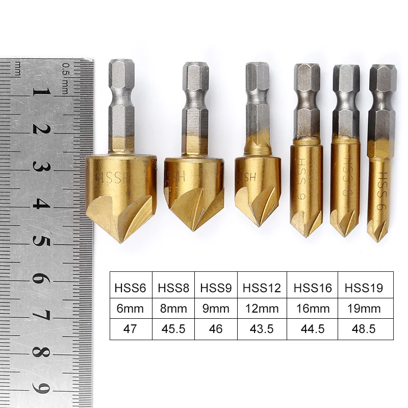 Round shank 5 Flute HSS Hard Metals natural color Five Edge Chamfer Chamfering End Mill Cutter Countersink Drill Bit