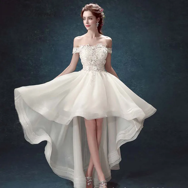 C.V с открытыми плечами Кепки рукава Низкая/высокая короткое пляжное свадебное платье 3D с цветочной аппликацией; платье из органзы страна для свадебного платья W0087