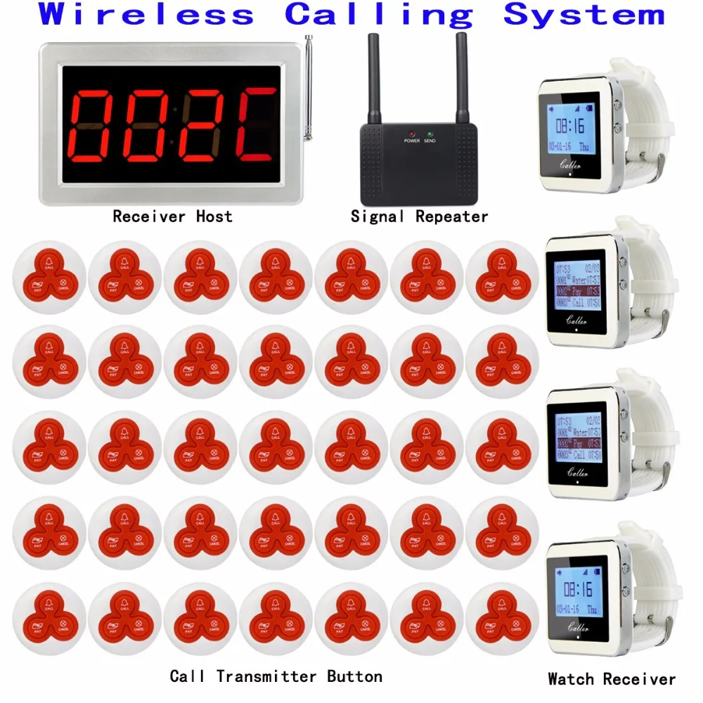 Беспроводная система подкачки для ресторана 1 хост-приемник+ 4 приемника+ 1 ретранслятор сигнала+ 35 кнопка звонка передатчика F3290D