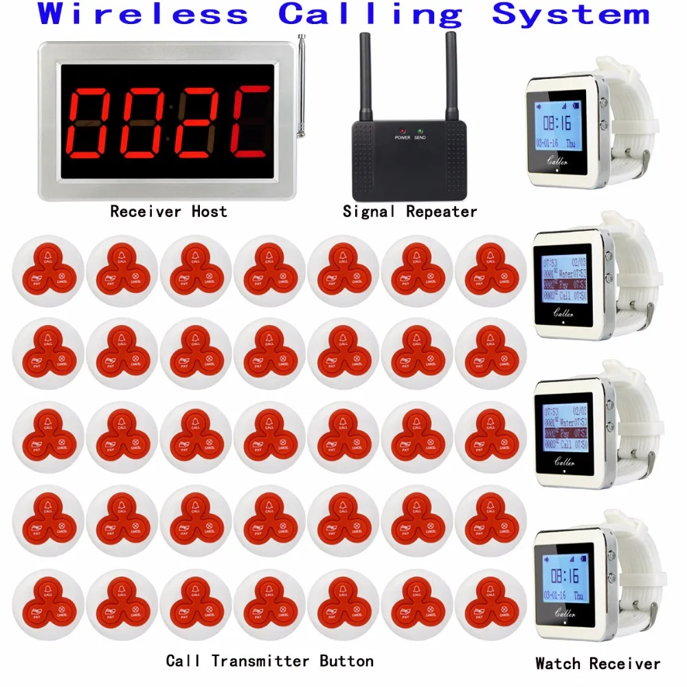

Wireless Restaurant Calling Paging System 1 Receiver Host+4 Watch Receiver+1 Signal Repeater+35 Transmitter Bell Button F3290D