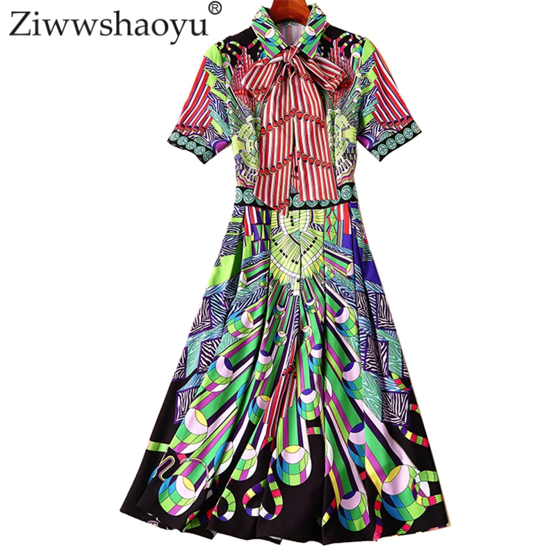 Ziwwshaoyu أنيقة القوس فساتين خمر طباعة بدوره إلى أسفل طوق مزاجه ضئيلة ألف خط اللباس الربيع و الصيف جديد المرأة