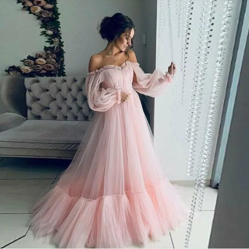 

Trendy Prom Formal Dresses A-Line Off the Shoulder Sweetheart Tulle Pink Sky Blue Long Sleeve Evening Party Dress Robe De Soiree