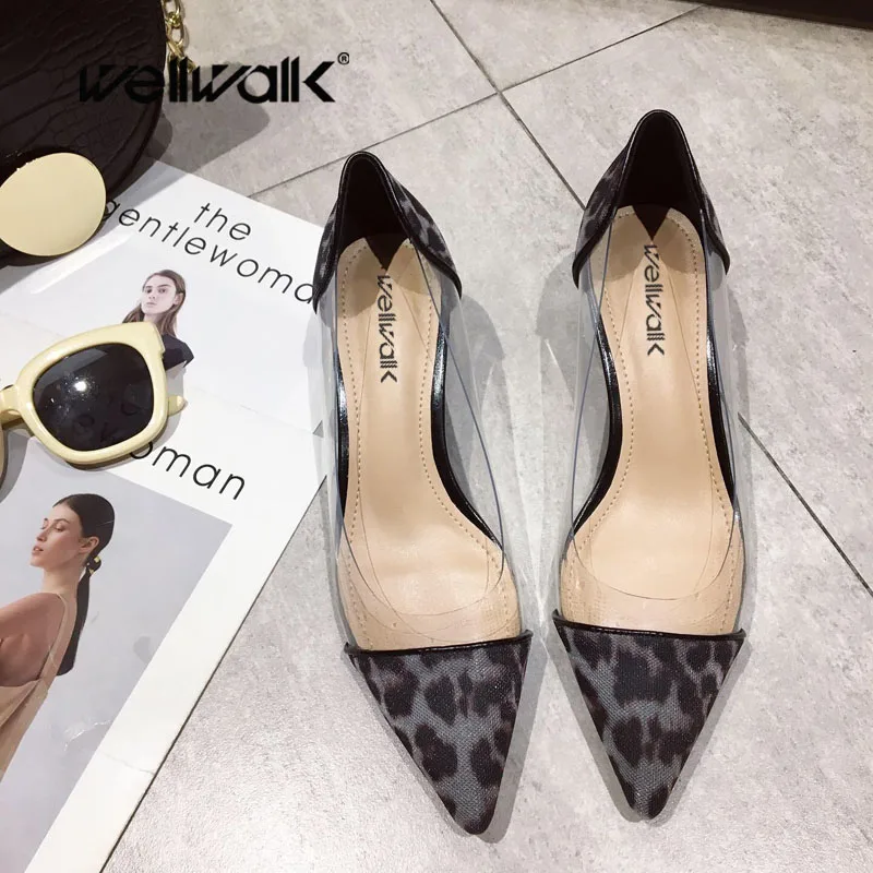 

Wellwalk Close Toe Heels Pumps Women Heel Shoes Leopard Pumps Ladies Clear Heel Pumps Female Dress Shoes Fashion Clear PVC