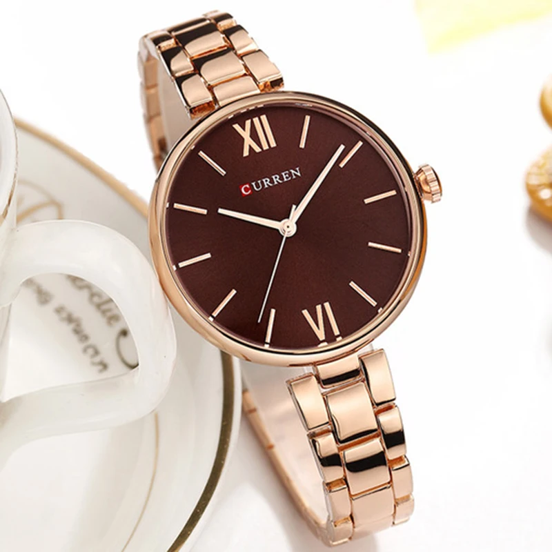 

New CURREN Women Watches Luxury Brand Watch Rose Gold Women Quartz Clock Creative Wood Pattern Dial Fashion Wristwatch