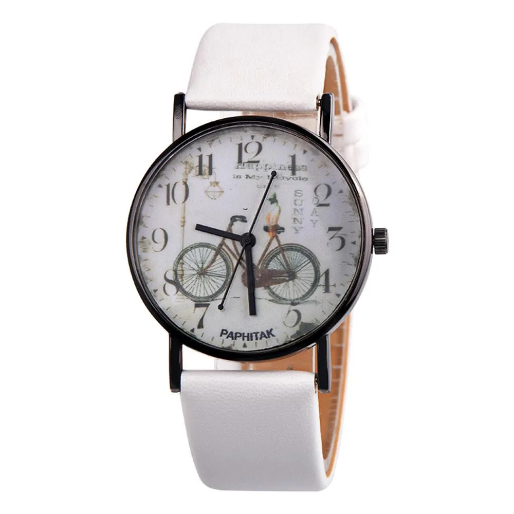 Модные повседневные женские и мужские часы с рисунком велосипеда, милый кожаный ремешок, кварцевые наручные часы, Relogio Feminino, часы, reloj Femme, подарок - Цвет: Белый