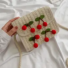 Модная женская тканая Диагональная Сумка через плечо, Повседневная пляжная сумка с вишневым узором, тканая сумка через плечо