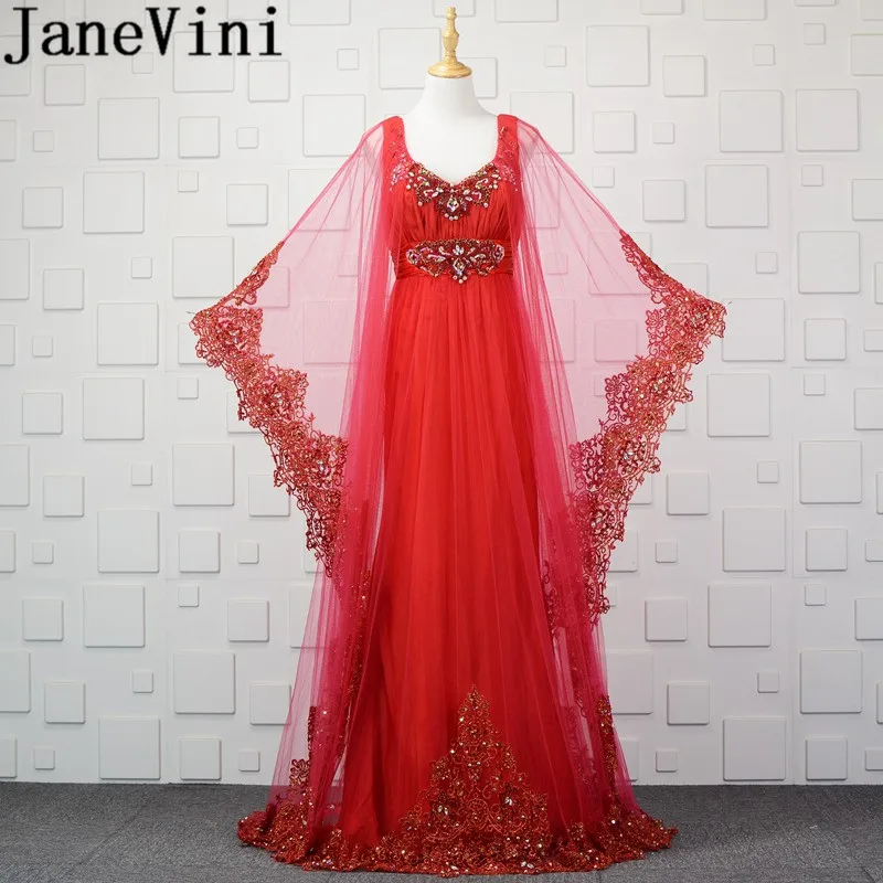 

JaneVini 2018 Luxurious Beads Red Arabic Dubai Long Bridesmaid Dresses for Wedding A Line Lace Applique Women Formal Party Gowns