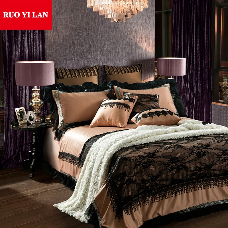 Black Lace 4 6 8pcs 100 Washed Silk Bedding Set Satin Lace Bed