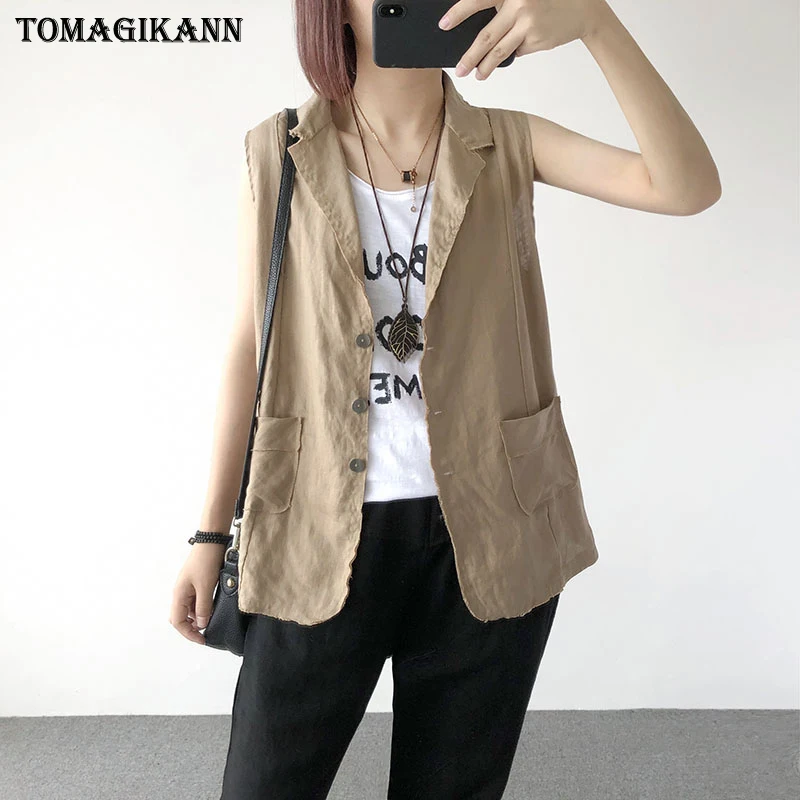 2018 Casual Solid Cotton and Linen Women Vest Coat Summer Girl Single