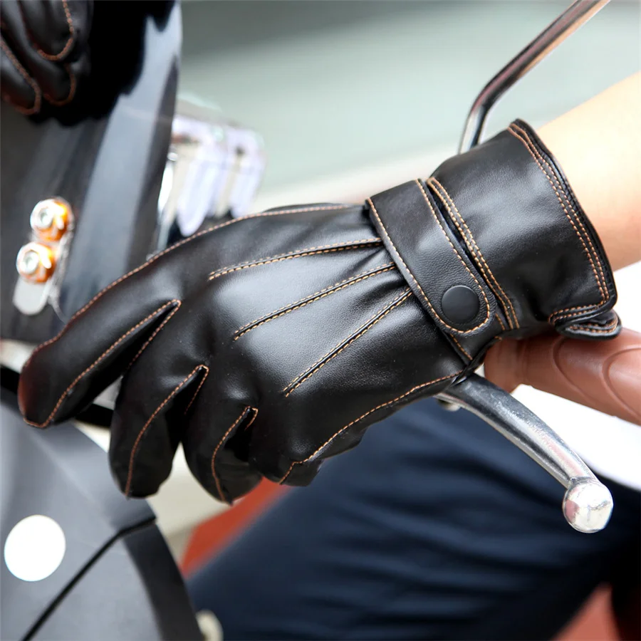 Quality PU Leather Gloves Autumn/Winter Plus Velvet Padded Warm Men Driving Gloves Wind Waterproof Touch Screen PM007PLF-5 ladies autumn winter leather gloves winter driving thickening plus velvet elegant bow sheepskin gloves touch screen l18009nc 5