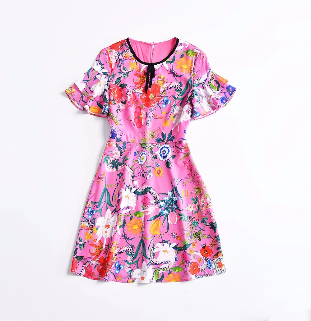 Платья для подиума летние розовые O_Neck цветочный принт с короткими рукавами высокое качество Женское Платье Vestidos De Festa 1306