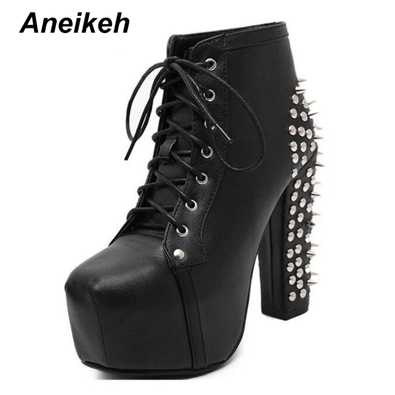 

Aneikeh Women Rock Punk Spikes Rivets Ankle Boots Biker Lita Platform Chunky Block Ultra High Heel Bota Shoes High Top Size35-40