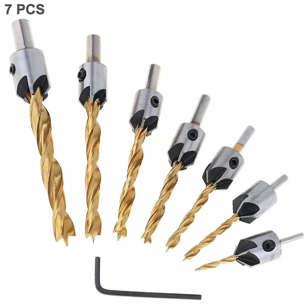 7pcs set 3 10mm Round Handle Woodworking Chamfer Drill Bits with 5 Flute and 3 Point