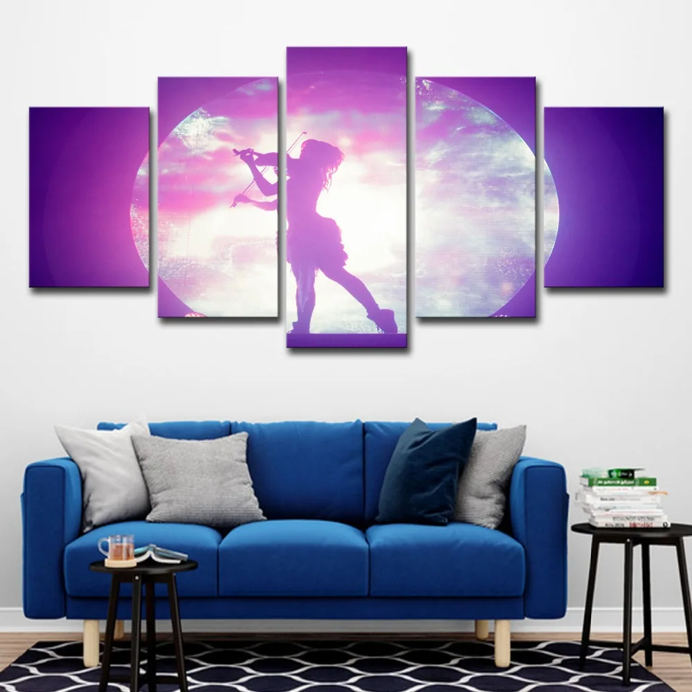 5P2338-HD Printed canvas art guitar girl in moon night painting Home Decor abstract purple wall pictures for living room Artsailing (12) 