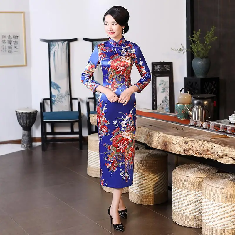 Размера плюс XXXL женское классическое Ципао из вискозы с цветочным принтом элегантное вечернее платье традиционное китайское Ципао с воротником "Мандарин" - Цвет: Flower Blue