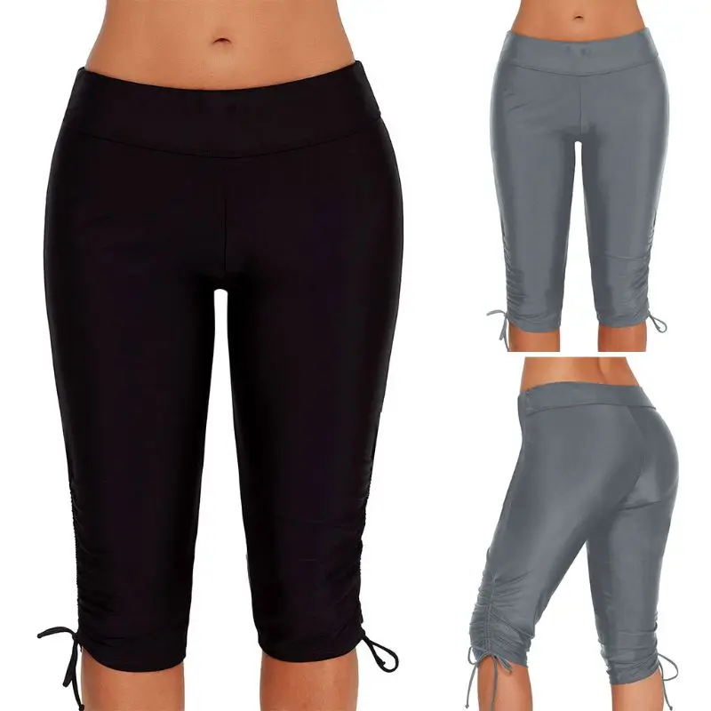

Summer Plus Size Stretch Solid Color High Waist Active Cropped Knee Length Side Tie Knot Ruched Swim Tankini Bottoms