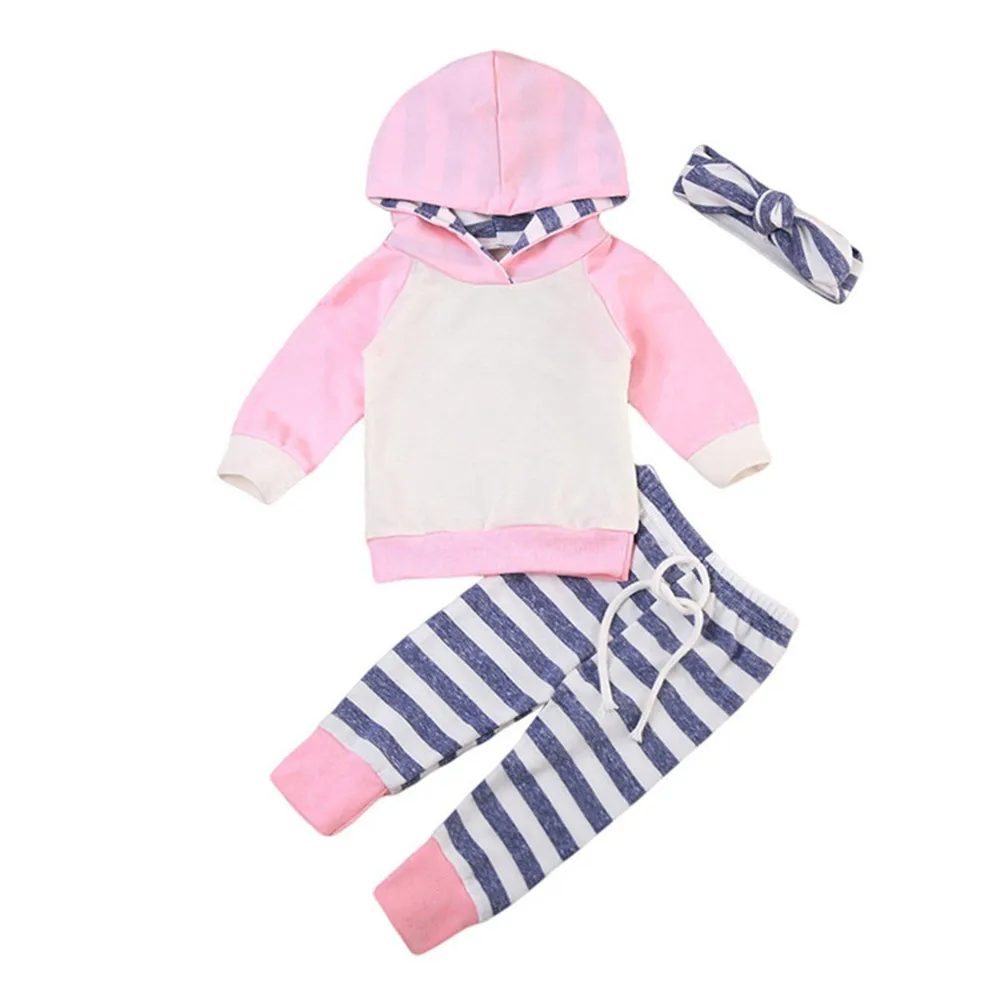 GRNSHTS Cute Baby Boys Girls Clothes Long Sleeve Hoodie Tops Sweatsuit + Elastic Waistband Gray Striped Pants Set