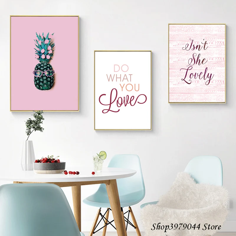 

Wall Art Canvas Nordic Style Rose Decoracao Para Casa Pineapple Posters And Prints Pink Flower Pictures For living Room Unframed