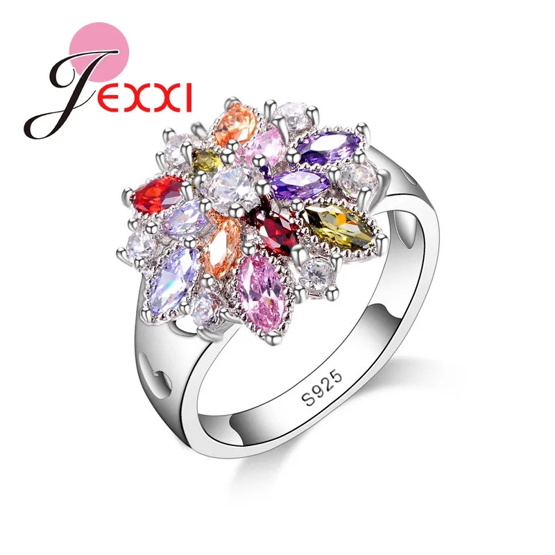 JEXXI Fashion Colorful CZ Crystal 925 Sterling Silver Jewelry Party Finger Ring for Women Wedding Engagement Rings Bijoux