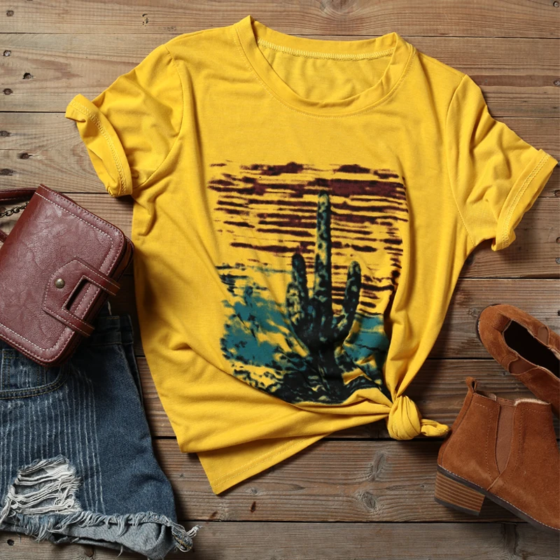 

Ladies Hipster Top Tees Women vintage Short Sleeve T-Shirt Femme Cotton Catus Yellow tumblr t shirt harajuku aesthetic Clothes