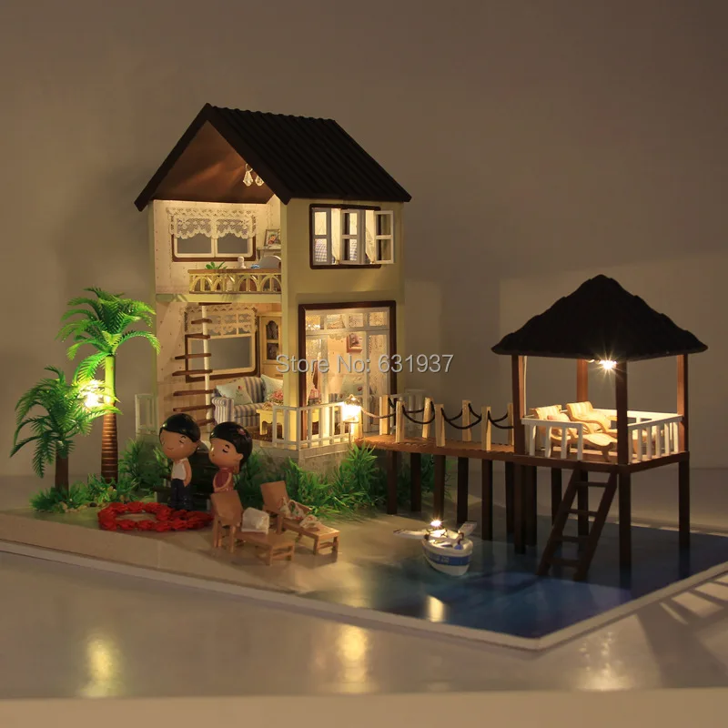 Бесплатный большой кукольный домик c Сделай Сам ручной работы Maldives Деревянный Кукольный дом все дома мебель в том числе 3D светодиодная световая игрушка подарок на день рождения
