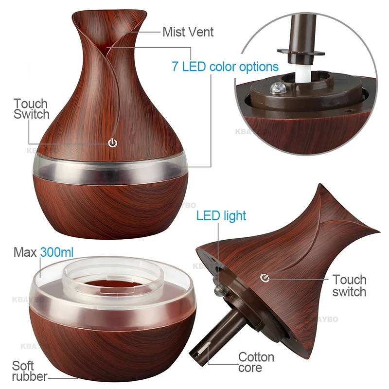  KBAYBO 300ml USB electric Aroma Essential Oil Diffuser Ultrasonic Air Humidifier Wood Grain LED Lig