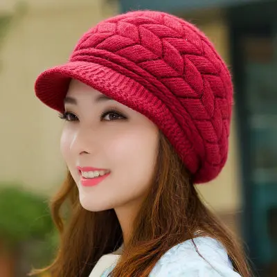 New beanie Elegant women's hat Knitted winter hat for the girl Cap Bow Autumn Ladies Female Fashion Beret Rabbit hair - Цвет: claret-red