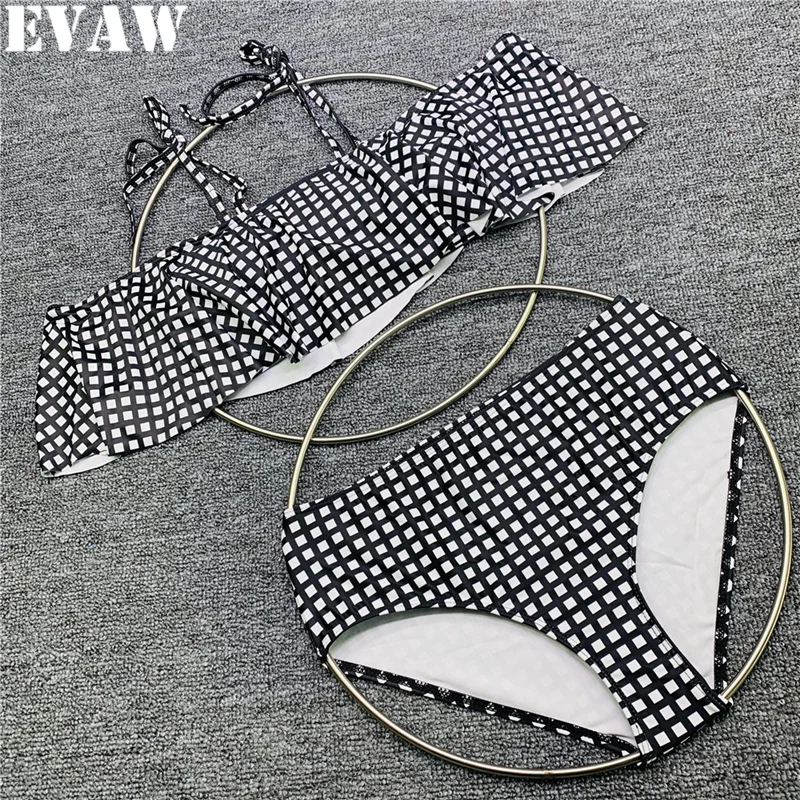 

EVAW Bikinis 2019 Women Black Plaid Bikini Set Swimwear High Waist Women Swimsuit Push Up Off Shoulder Tankini Monokini