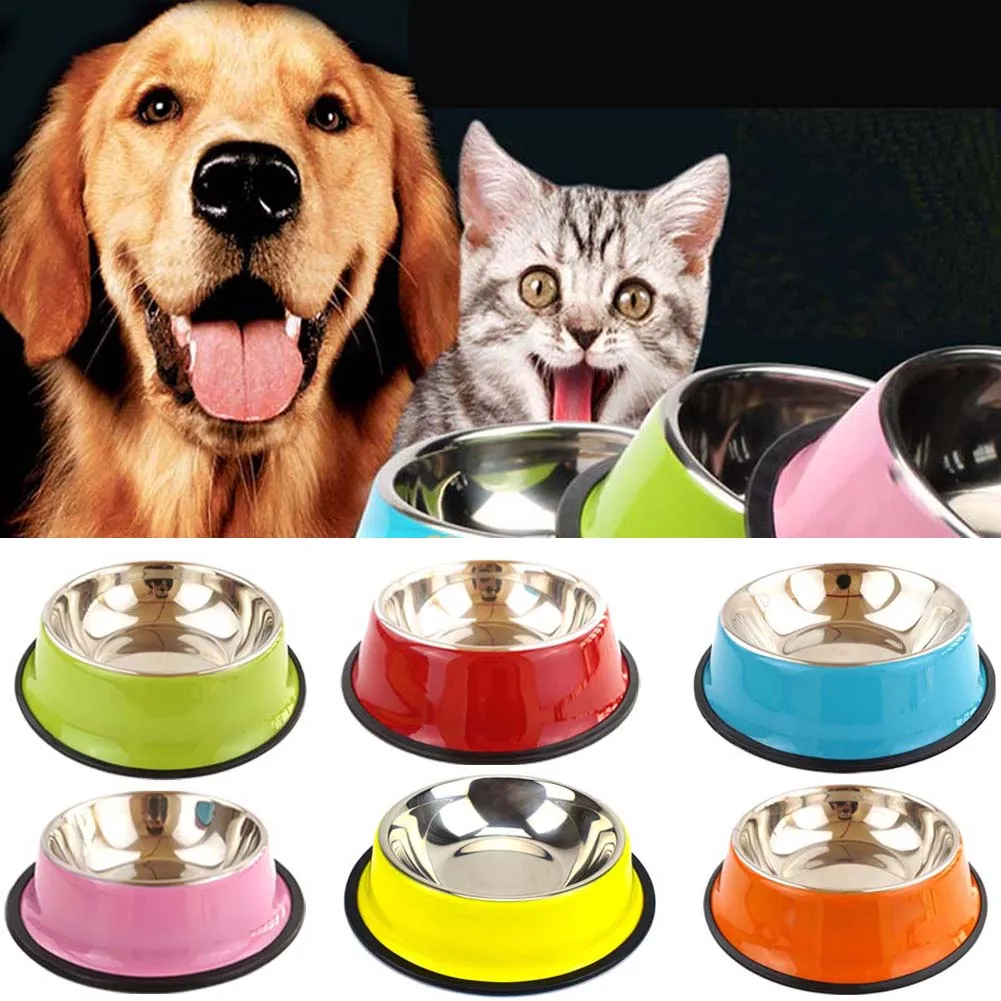 Миска для кота, собаки, пищевой Противоскользящий контейнер для воды из нержавеющей стали, контейнер для еды котенка, миска для посуды, однотонная цветная кормушка Кормление щенка, инструмент