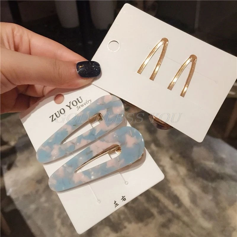 2Pcs/Pair Women Acetic Acid Hollow Geometric Hair Clips Colored Marble Textured Duckbill Hairpins Water Drop Rectangle Barrettes 2Pcs/Pair Women Acetic Acid Hollow Geometric Hair Clips Colored Marble Textured Duckbill Hairpins Water Drop Rectangle Barrettes