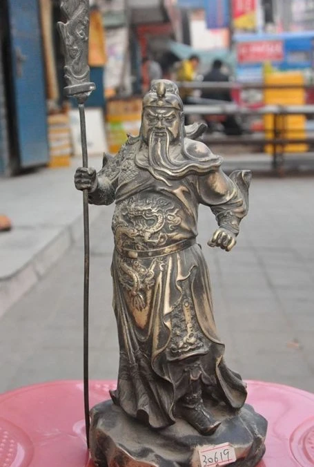 

10"Old Chinese bronze Dragon guangong guanyu Generals Hold Broadsword Sculptures
