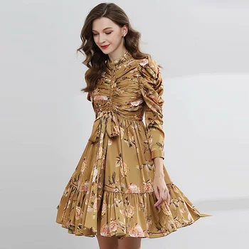 

XF Italy Milan Court Retro Flower Print Pleated Waist Spring And Autumn New Fashion Party Satin Smooth High Quality Dress 2019