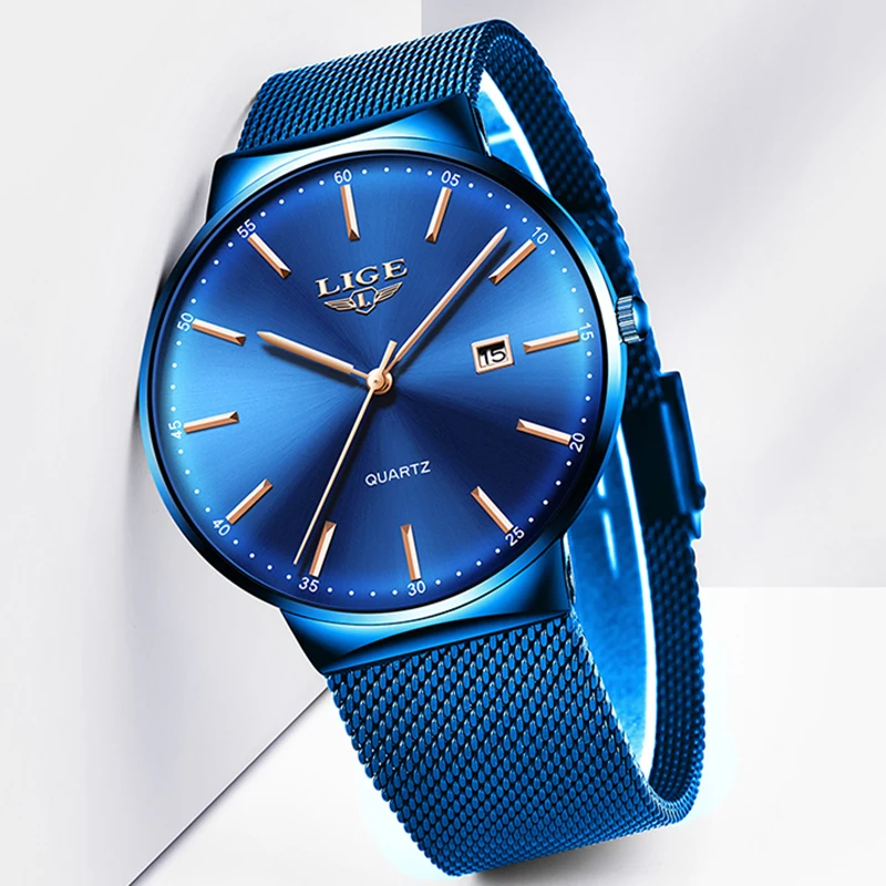 Kaufen Relogio Masculino Neue Herren Uhren LIGE Top Marke Luxus Mode Uhr Dünne Mesh Datum Wasserdicht Quarzuhr Für Männer Blau uhr