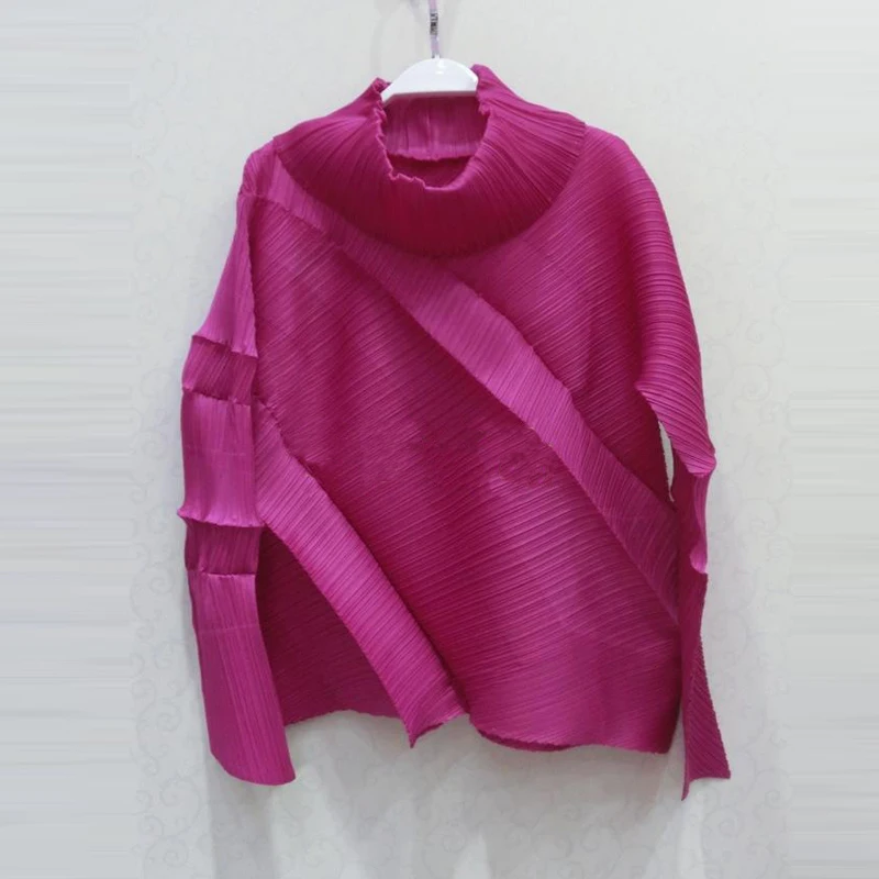 

Changpleat Turtleneck Solid women's T-shirts Miyake Pleated Unique oblique T-shirt Loose Long Sleeve female T-shirt Plus Size
