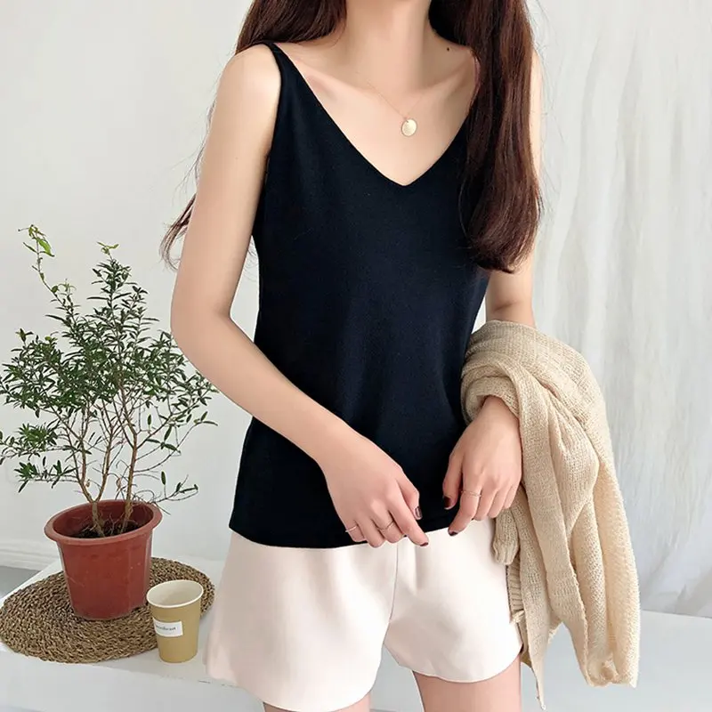 

Fashion Black Tops Sweater sleeveless Camis Solid Cashmere Sweater V Collar Pullover Women Comfortable Bottoming Sweater