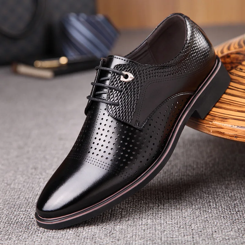 

Breathable Hole Mens Dress Shoes Formal Black Wedding Shoes 2019 Spring Summer Men Shoes Leather Suit Decent Office Shoes