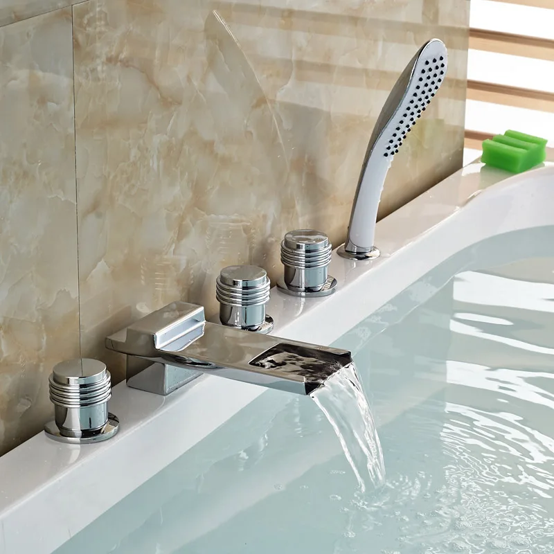 Deck Mount Widespread Roman Tub Faucet Chrome Brass Waterfall Spout Bathtub Mixer Taps