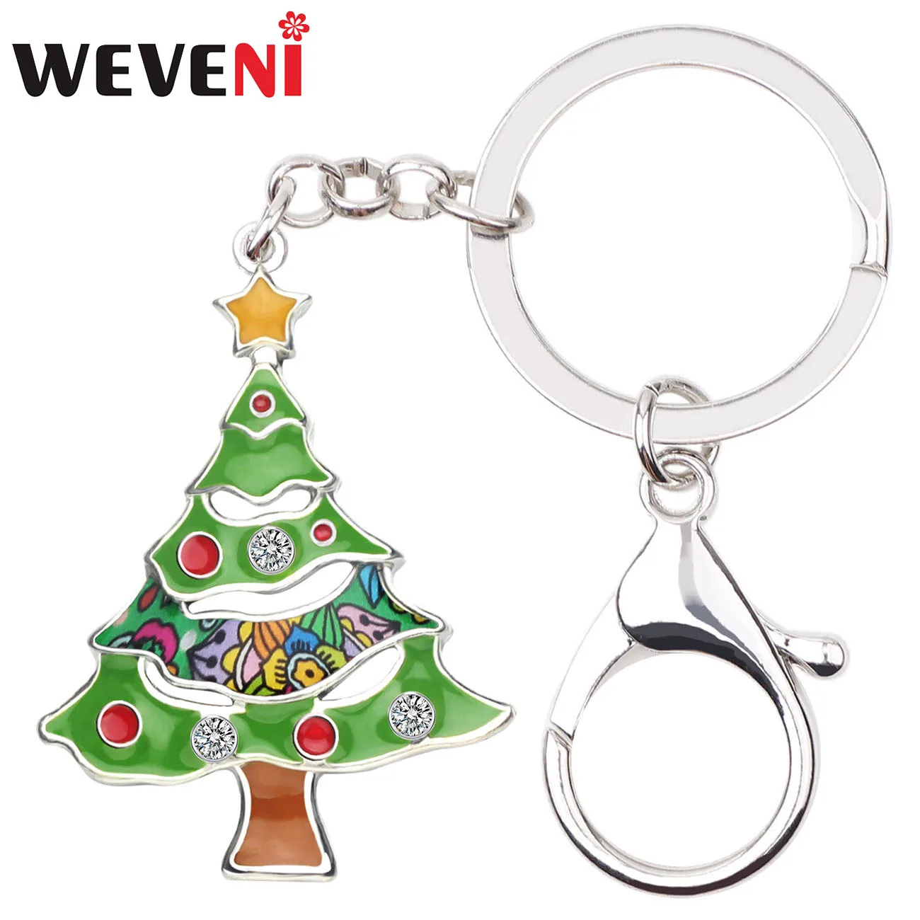 

WEVENI Enamel Alloy Christmas Tree Key Chain Ring Rhinestone Gift Decoration Jewelry For Women Girls Car Teen Bag Charms Pendant