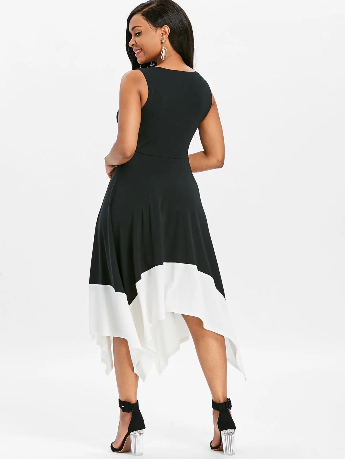 VESTLINDA Keyhole Neck Color Block White Black Handkerchief Dress Summer 2018 Asymmetrical Midi Ves