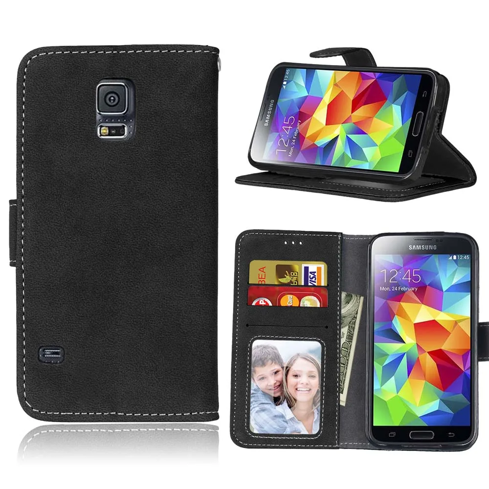 

Luxury Retro PU Frosted Flip Stand Leather+Soft Rubber TPU Case For Samsung Galaxy S5 SV I9600,Card Slot Phone Shell Cover