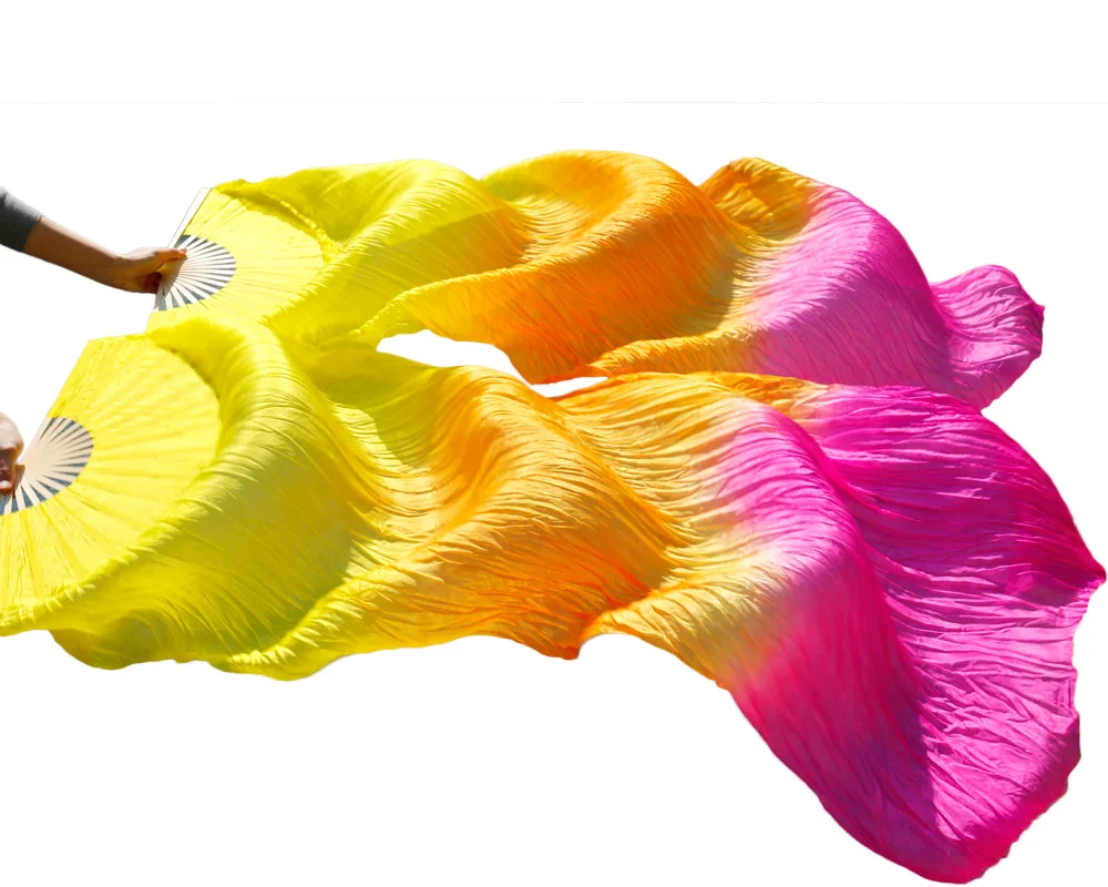 2018 도매 실제 실크 팬 베일 밸리 댄스 실크 베일 두꺼운 댄스 팬 180 센치 메터 긴 뜨거운 판매 노란색 + 오렌지 + 로즈