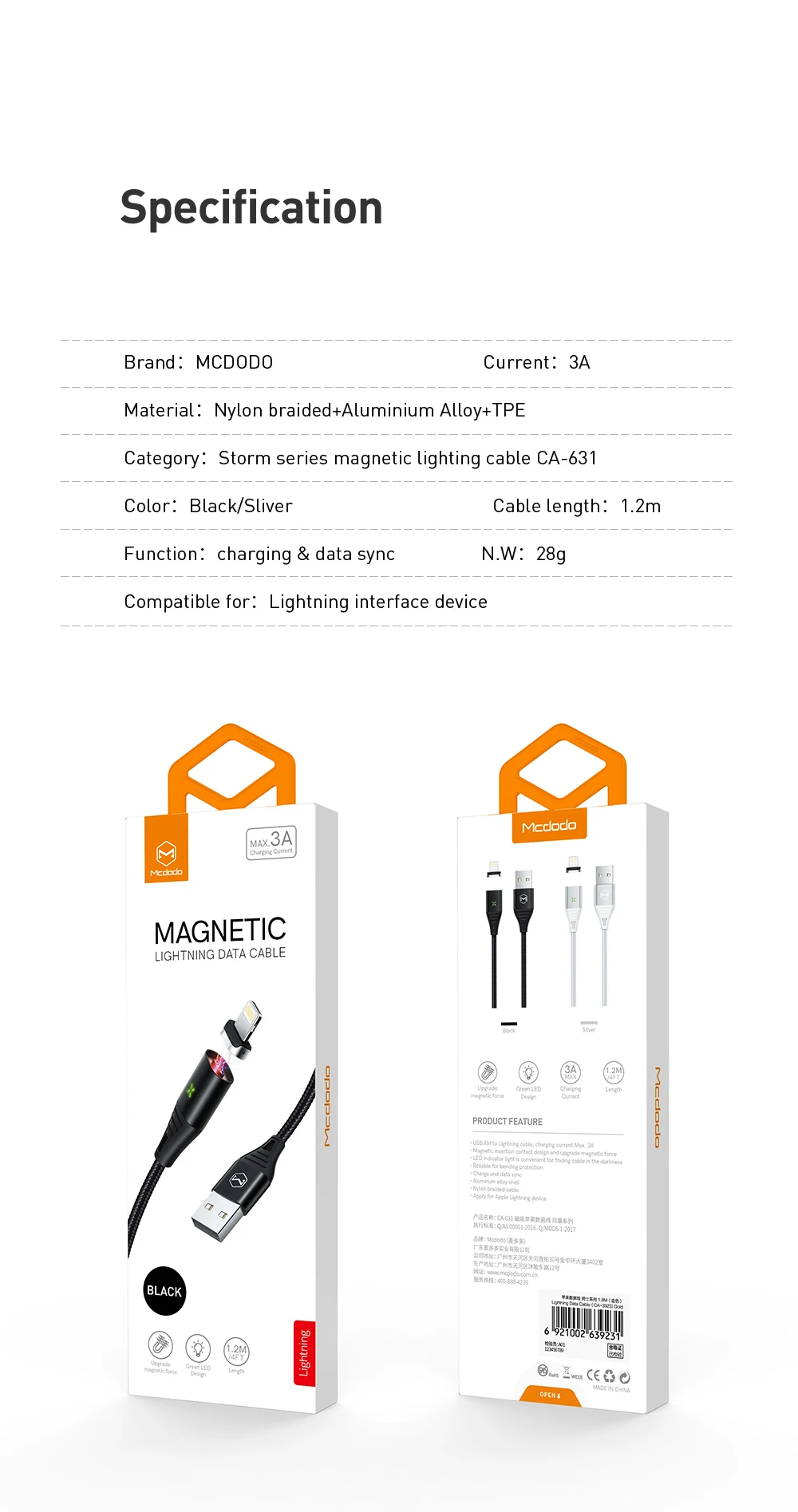Mcdodo USB Магнитный зарядный кабель 3A для iPhone X Xr XS Max 8 7 6 6s Plus iPad, шнур для быстрой зарядки телефона, кабель для передачи данных, светодиодный кабель IOS