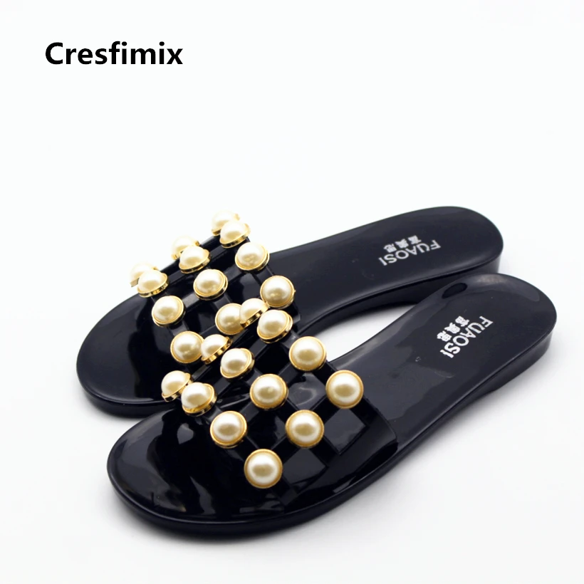 

Cresfimix zapatillas de mujer women cute spring summer slip on slippers female floral and pearl decoration slippers lady slides