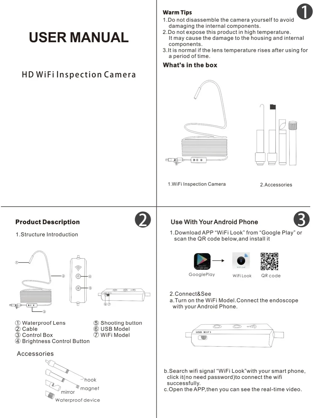 12-F160 WiFi Endoscope Camera No battery No charging 8mm Lens HD720P 1M2M3.5M5M Soft Hard Cable wireless inspection borescope