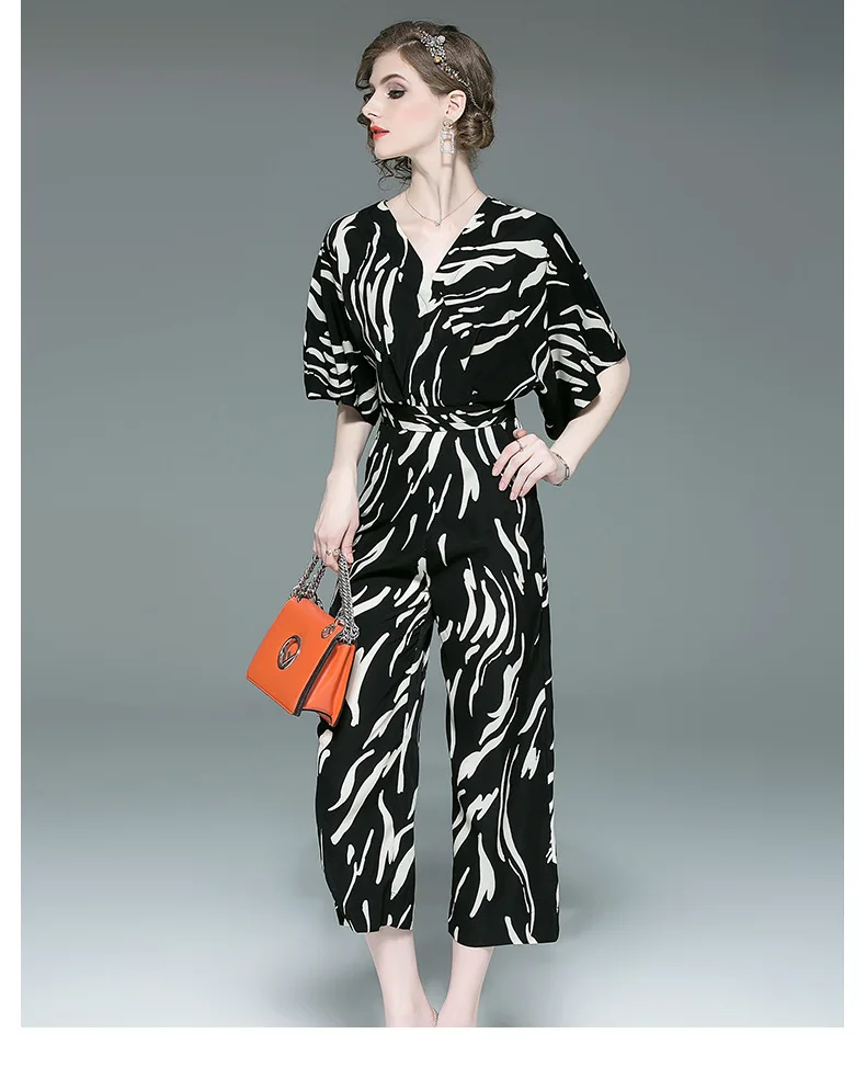 Fashion Casual New Fashion Striped Jumpsuits High Waist V Neck Wide Leg Pants Female Spring Summer Women Sashes Jumpsuits