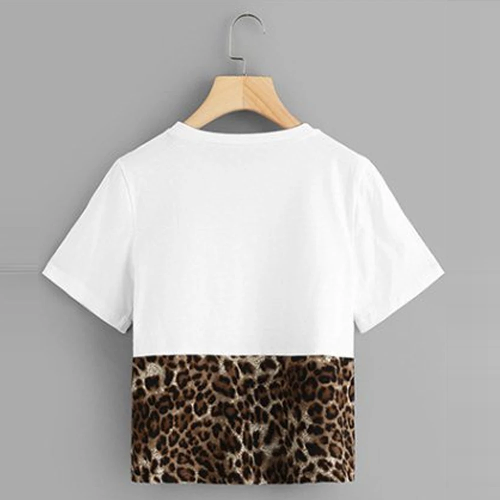 الأزياء إمرأة السببية القمصان السيدات Pacthwork ليوبارد طباعة الترتر كم المحملة فام قمم الإناث التي شيرت Camisas موهير